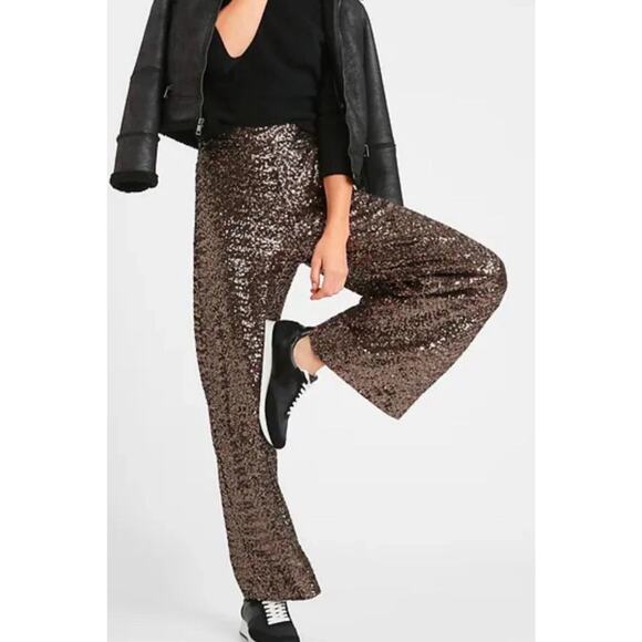 Banana Republic High-Rise Wide-Leg Sequin Pull-On Pants in Bold Bronze Sz Small - Picture 1 of 6